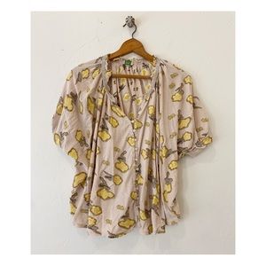 Anthropologie ETT TWA blouse top •Small• beige yellow floral short sleeve